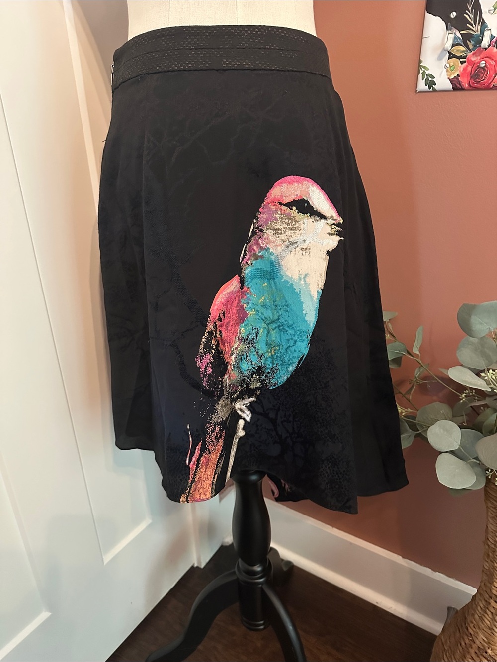Anthropologie leifsdottir Corvida Black Asymmetrical Midi bird 4 silk skirt - Picture 6 of 14